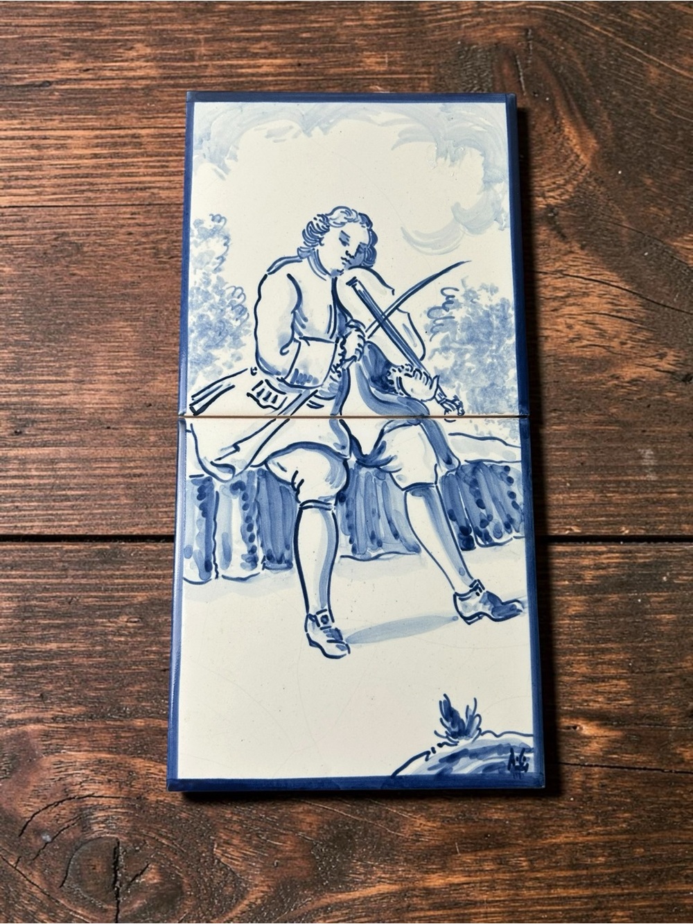 Vintage Delft Blue Style Ceramic Tile Wall Plaque Violinist Dutch Decor
